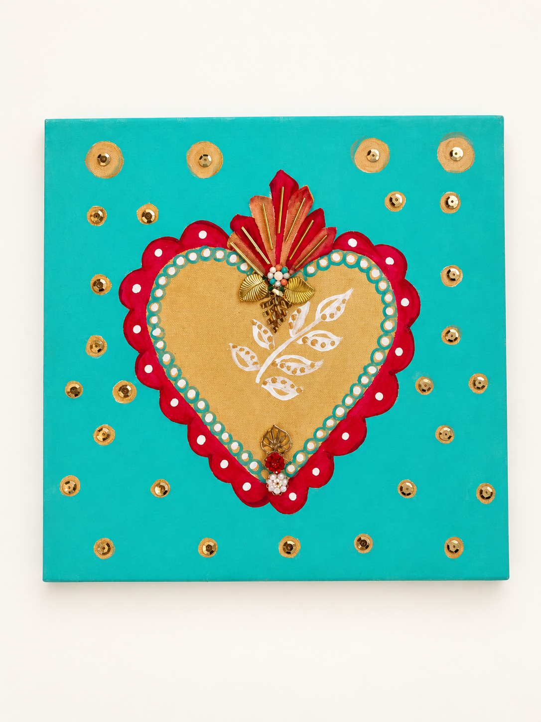 Cuadro turquesa con corazón dorado y apliques