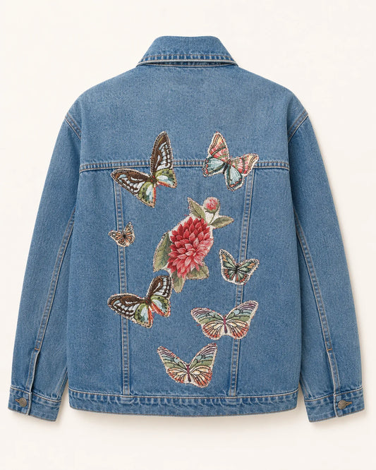 Chaqueta denim azul con mariposas y ave