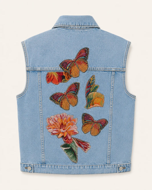Chaleco de denim celeste con mariposas y corazones