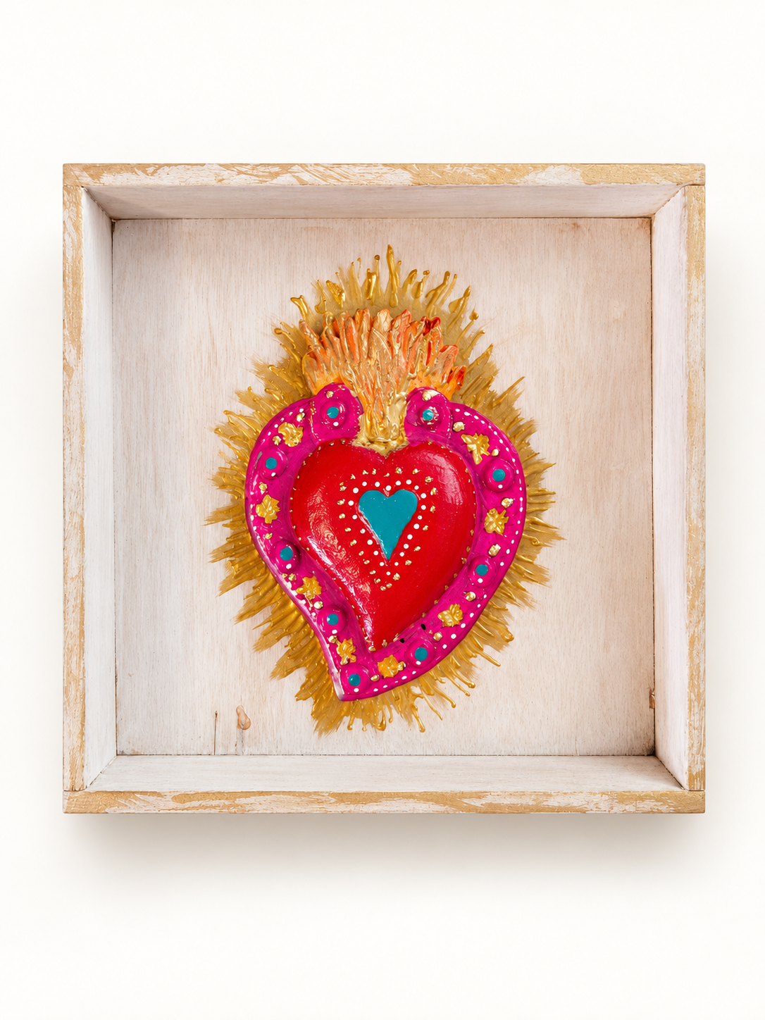 Cuadro de corazón rojo y fucsia en marmolina sobre madera