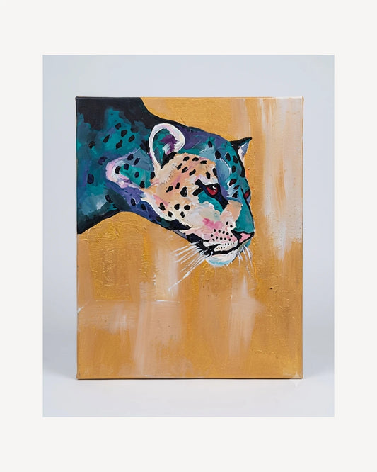 Cuadro felino turquesa sobre fondo dorado