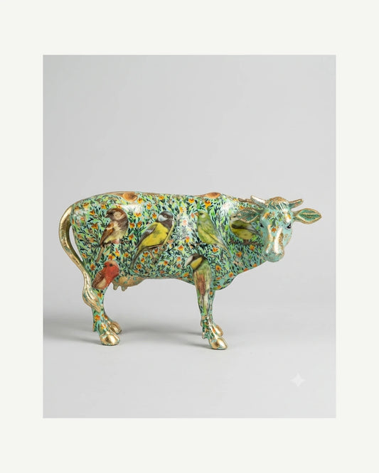Vaca decorativa turquesa con aves
