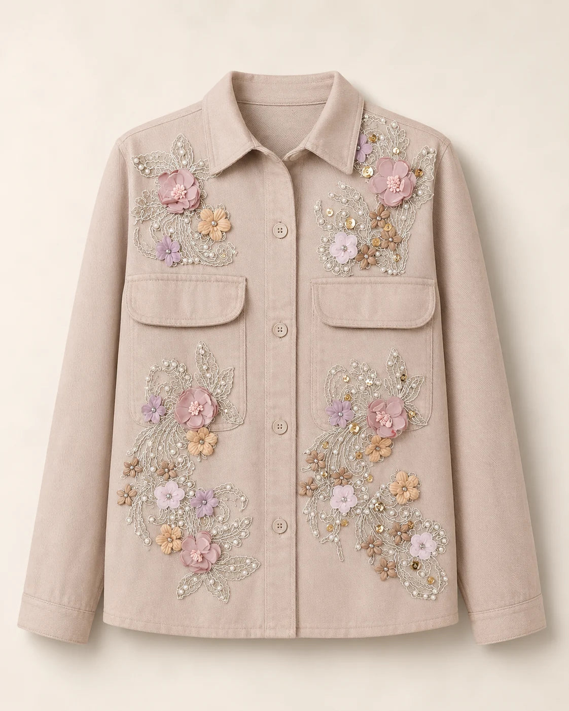 Chaqueta beige con flores 3D rosadas