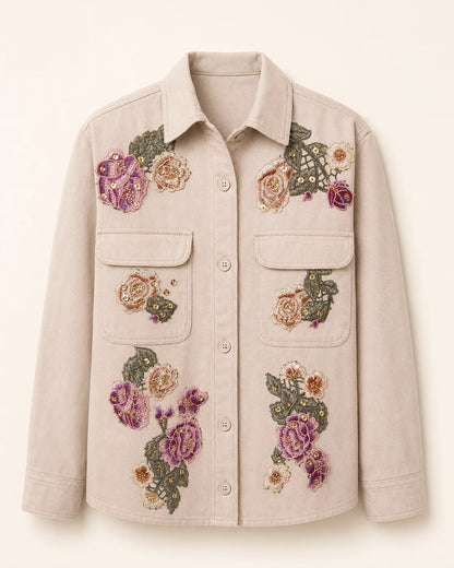 Chaqueta beige con flores moradas bordadas