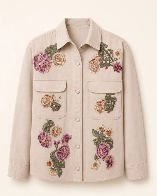 Chaqueta beige con flores moradas bordadas