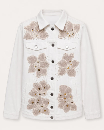 Chaqueta blanca con flores beige bordadas