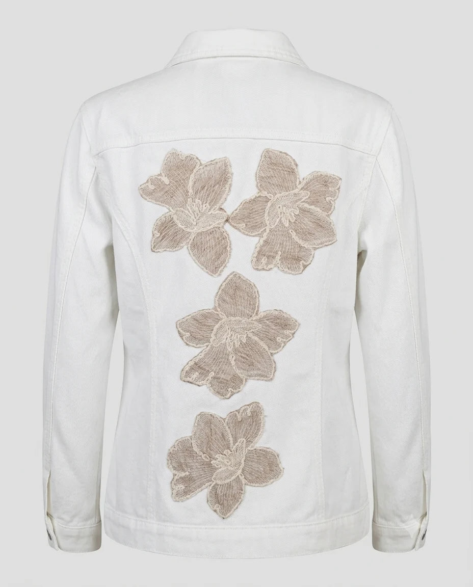 Chaqueta blanca con flores beige bordadas