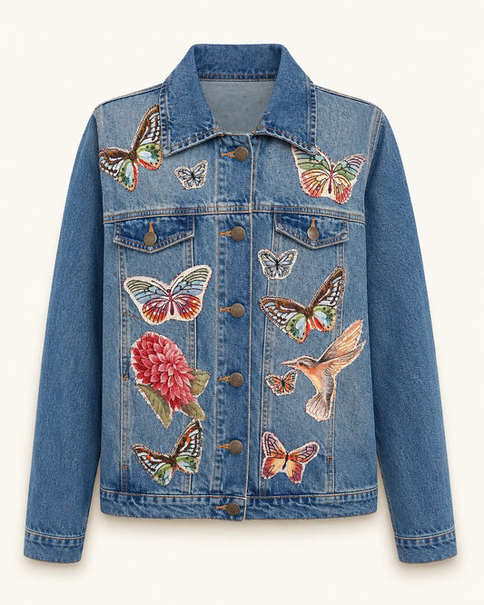 Chaqueta denim azul con mariposas y ave