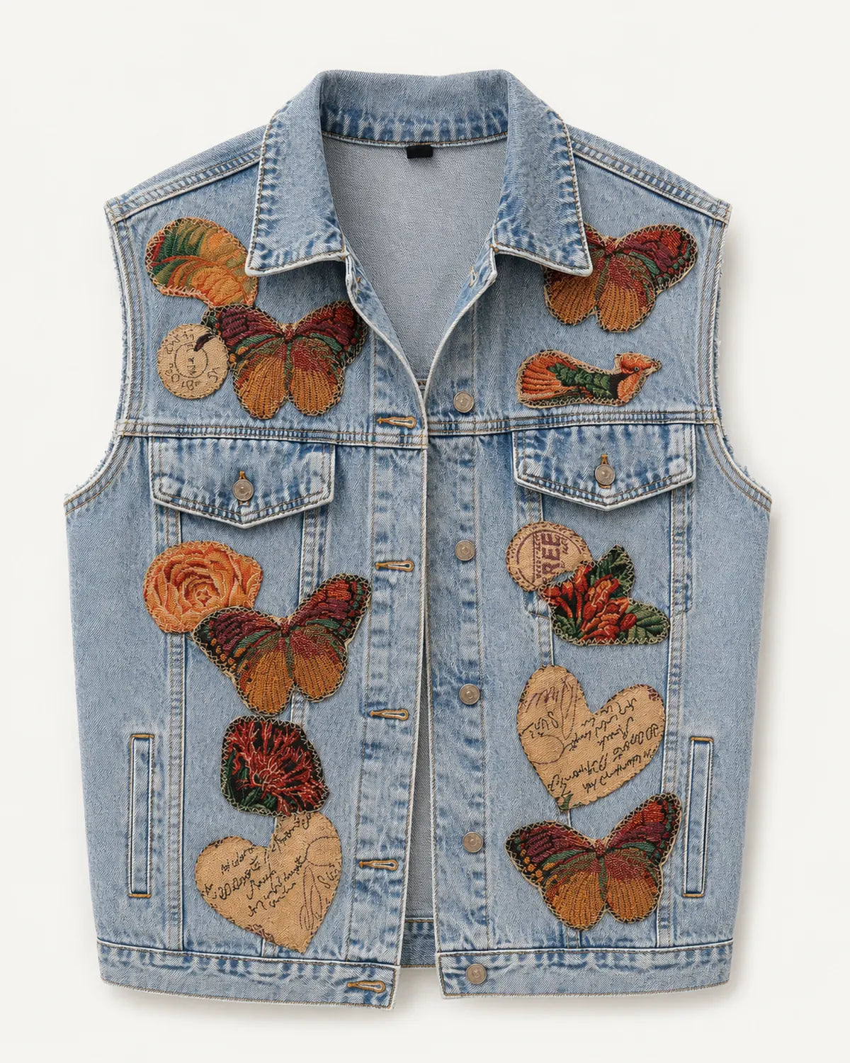 Chaleco de denim celeste con mariposas y corazones