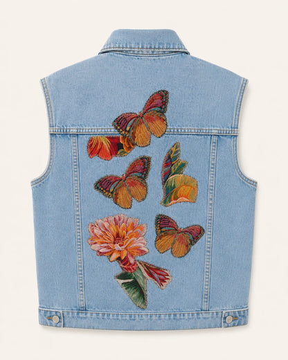 Chaleco de denim celeste con mariposas y corazones