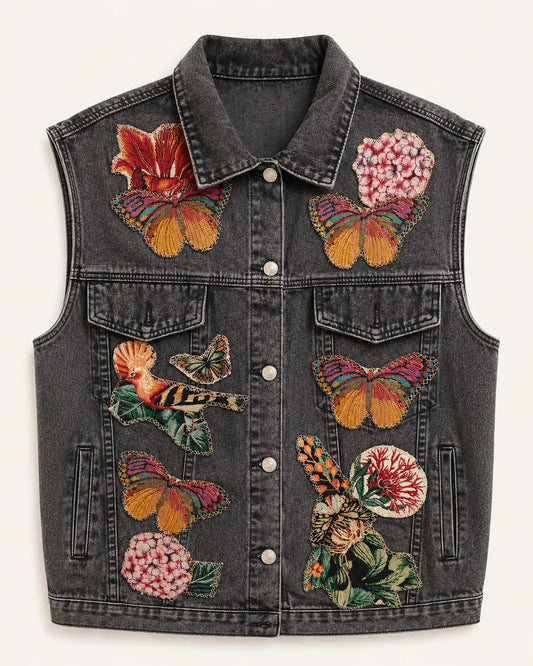 Chaleco de denim negro con mariposas y flores