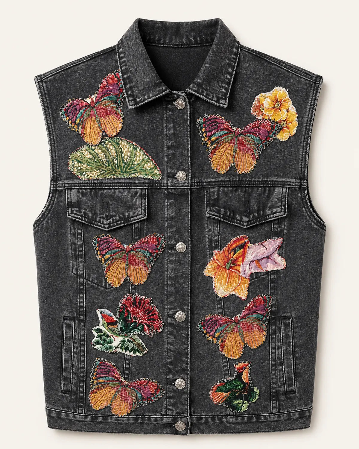 Chaleco de denim negro con aplicaciones tropicales