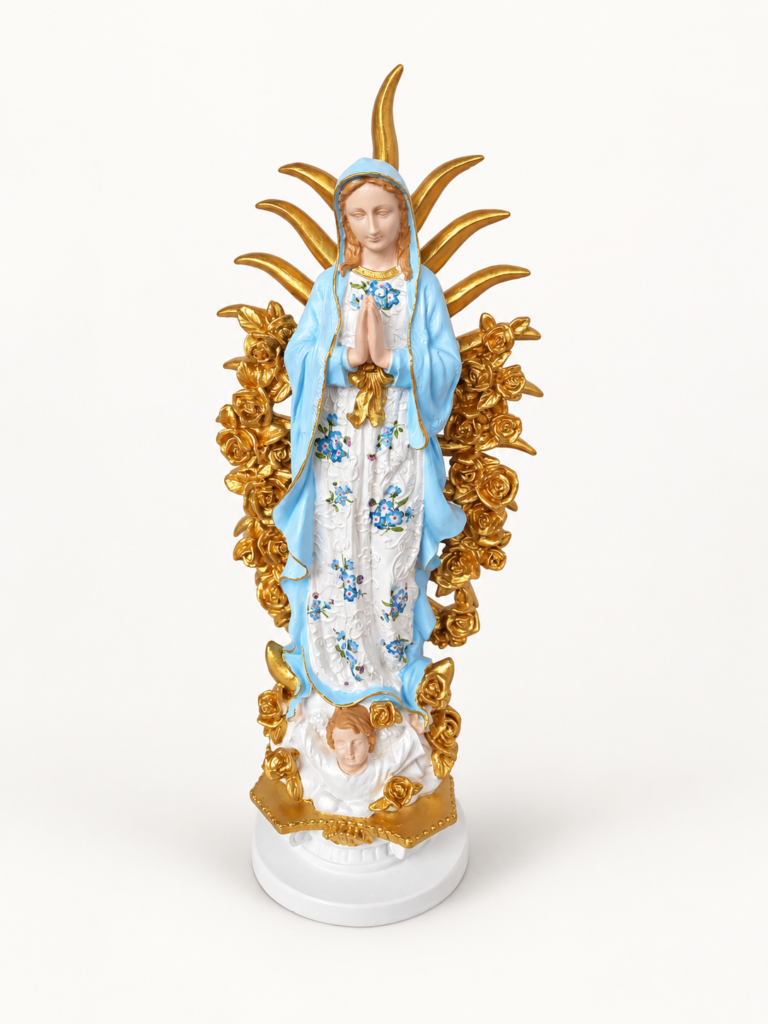 Virgen de Guadalupe en marmolina azul, blanca y dorada